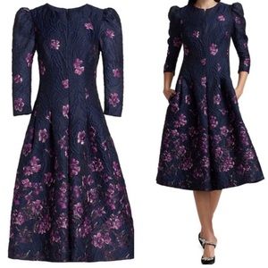 Floral Jacquard Puff Shoulder Dress  Size 4
